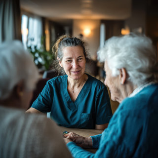 Eine Pflegekraft in blauer Uniform sitzt an einem Tisch und lächelt. Sie spricht mit zwei älteren Frauen, die ihr aufmerksam zuhören. Der Raum ist hell und freundlich gestaltet, mit wenigen Pflanzen im Hintergrund. Die Szene vermittelt eine Atmosphäre von Wärme und Fürsorge.