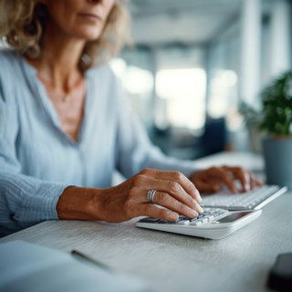 Eine Frau arbeitet an einem Tisch und nutzt einen Taschenrechner. Ihre Hand ist auf dem Gerät, während sie konzentriert auf die Zahlen schaut. Im Hintergrund ist eine Pflanze zu sehen, was eine Bürokultur vermittelt.